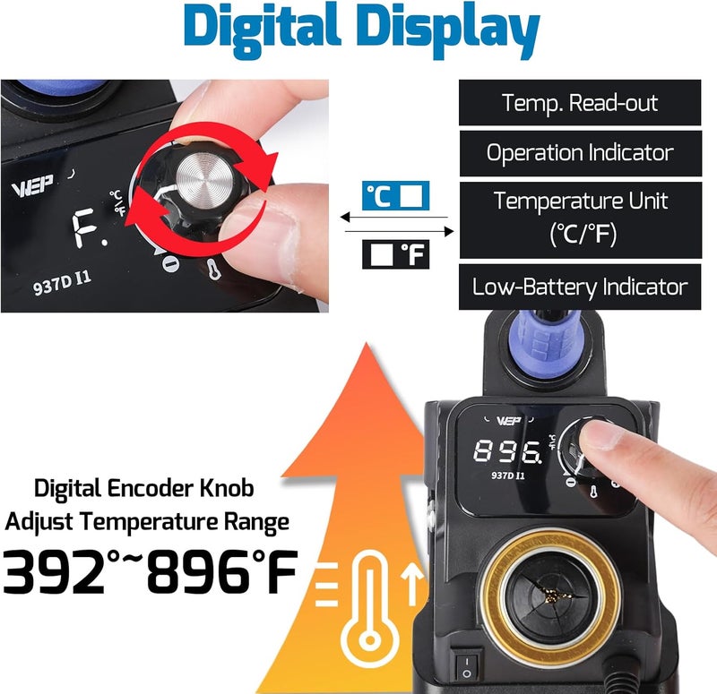 WeP 937D-I 1 Cordless Soldering Iron Kit Compatible with Dewalt 20V/18V Battery, with Integrated Iron Holder, Digital Display, 6 Soldering Tips, Adjustable Temperature, Auto Sleep & Shutdown - Image 4